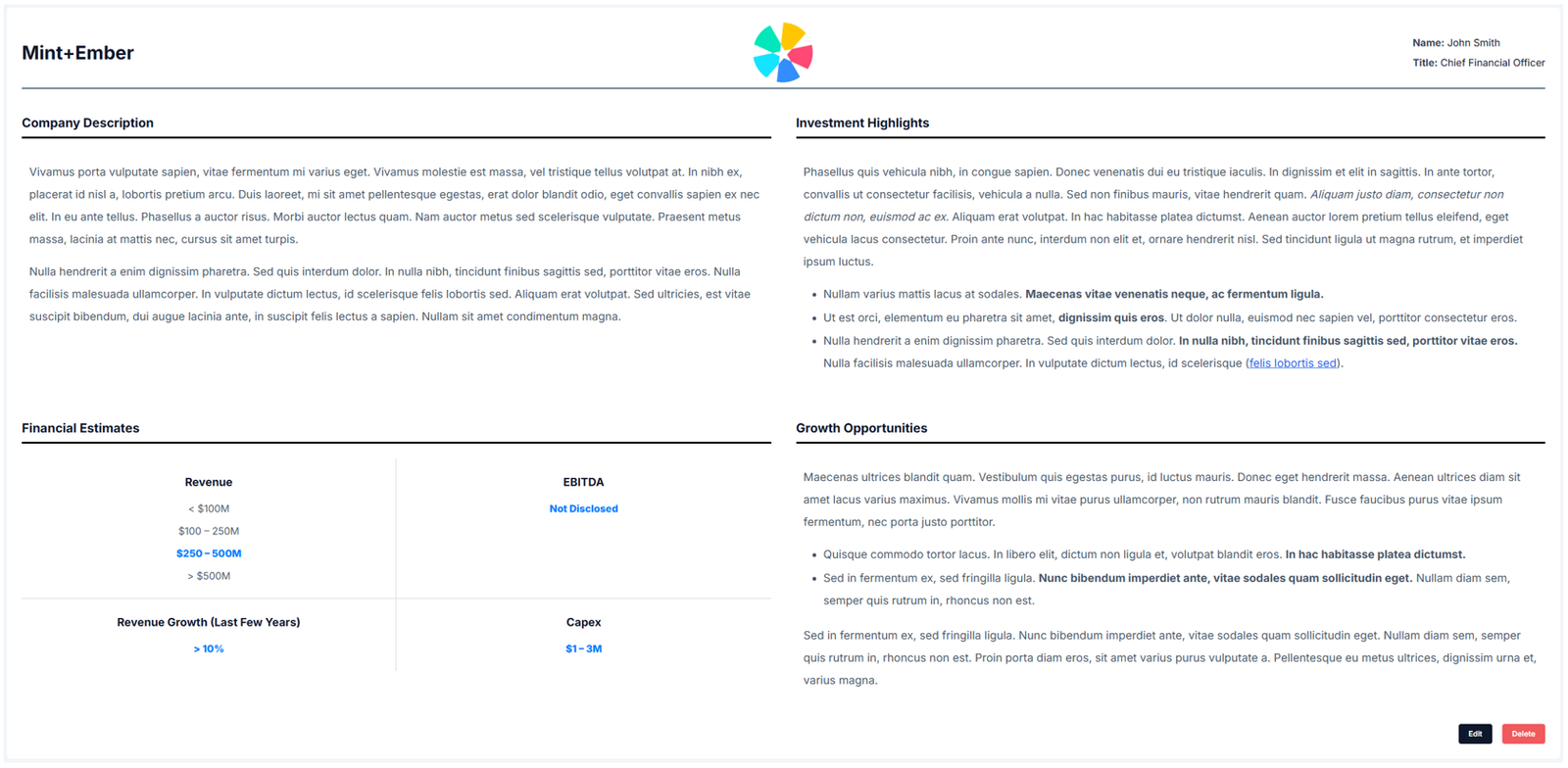 Screenshot of illustrative company one-pager